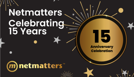 Netmatters Celebrating 15 Years next to a large gold icon with the words 15 anniversary celebration in.