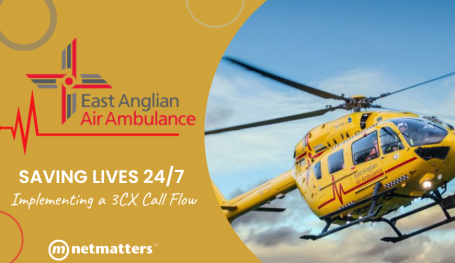 A yellow air ambulance with text reading saving lives 24/7 implementing a 3cx call flow, beneath the East Anglian Air Ambulance logo.