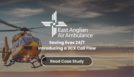 A yellow air ambulance with text reading saving lives 24/7 implementing a 3cx call flow, beneath the East Anglian Air Ambulance logo.