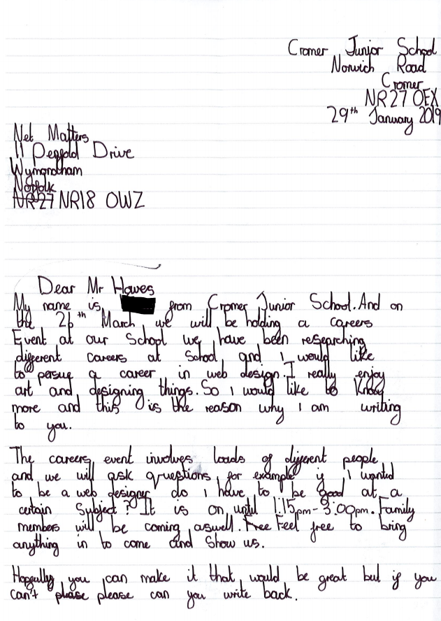 Letter from Cromer Junior School to Netmatters