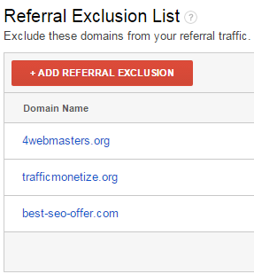 Google Analytics screenshot showing list of excluded spam referrers