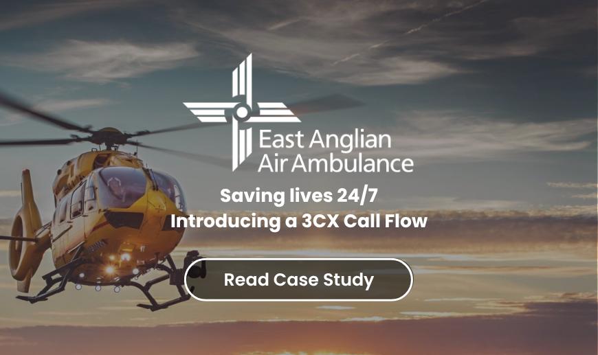 A yellow air ambulance with text reading saving lives 24/7 implementing a 3cx call flow, beneath the East Anglian Air Ambulance logo.