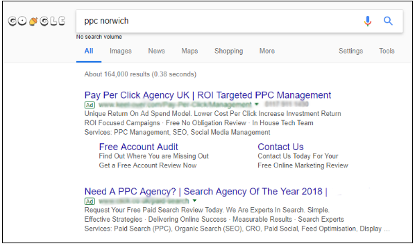 PPC advertisements on a Google search